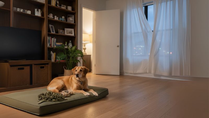 Hermit personality dog demonstrating calm, reserved behavior while resting on a low bed in a quiet living room, showing typical introverted dog traits and independent nature.
